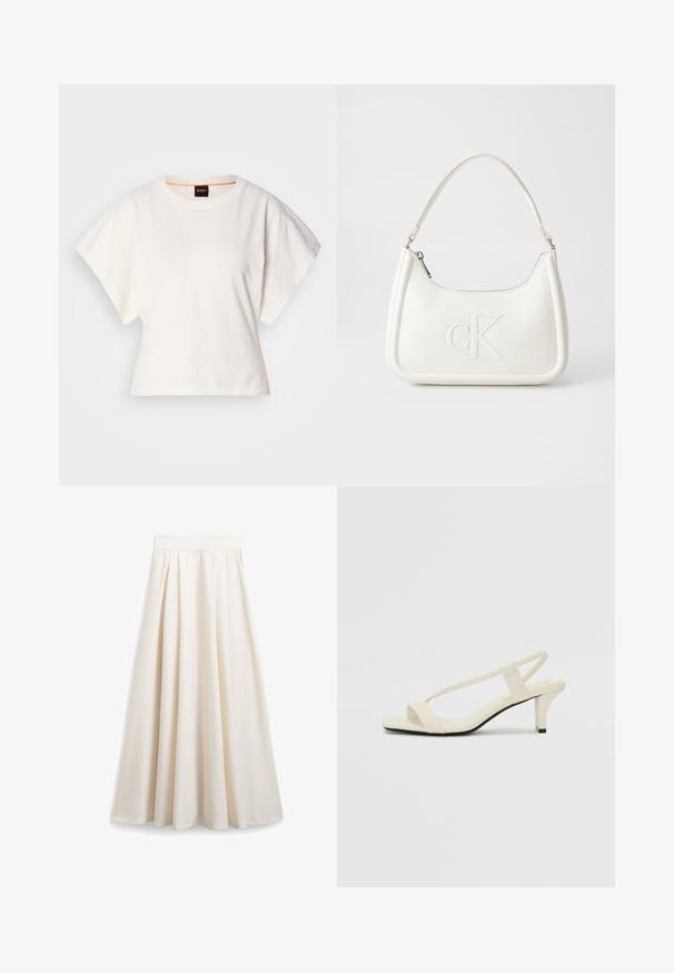 Baltas trumpas marškinėliai, plačios trumpomis rankovėmis, minkšta medvilnė, apvali kaklo iškirptė su subtiliu oranžiniu apvadu, minimalus dizainas, be raštų ar grafikų.; Kreminės spalvos A formos sijonas, pagamintas iš švelnaus audinio, su klostėmis ir plačiu juosmeniu, suteikiančiu sklandų siluetą.; Kreminės blokų kulno šlepetės su plonomis dirželiais ir kvadratiniu pirštu. Lygus medžiaga su minimaliais akcentais, sukurtos lengvam dėvėjimui.; Balta odinė rankinė su išlenkta forma, su reljefiniu "CK" logotipu priekyje ir viena petneša. Užtrauktuko uždarymas viršuje.
