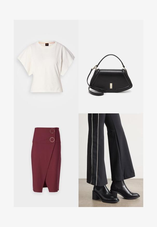 T-shirt blanc cintré, manches courtes et larges, en coton doux, décolleté rond avec une discrète bordure orange, design minimaliste, sans motifs ni graphiques.; Jupe crayon bordeaux à taille haute, présentant un design enveloppant et deux boutons métalliques ronds à l'avant. Texture lisse.; Bottines en cuir Noir avec un talon bloc, dotées de panneaux élastiques sur les côtés. Associées à un pantalon noir avec une rayure blanche sur le côté.; Sac à main en cuir noir avec un design structuré, featuring une forme cropped, une poignée supérieure et des accents en matériel doré. Bandoulière réglable incluse.