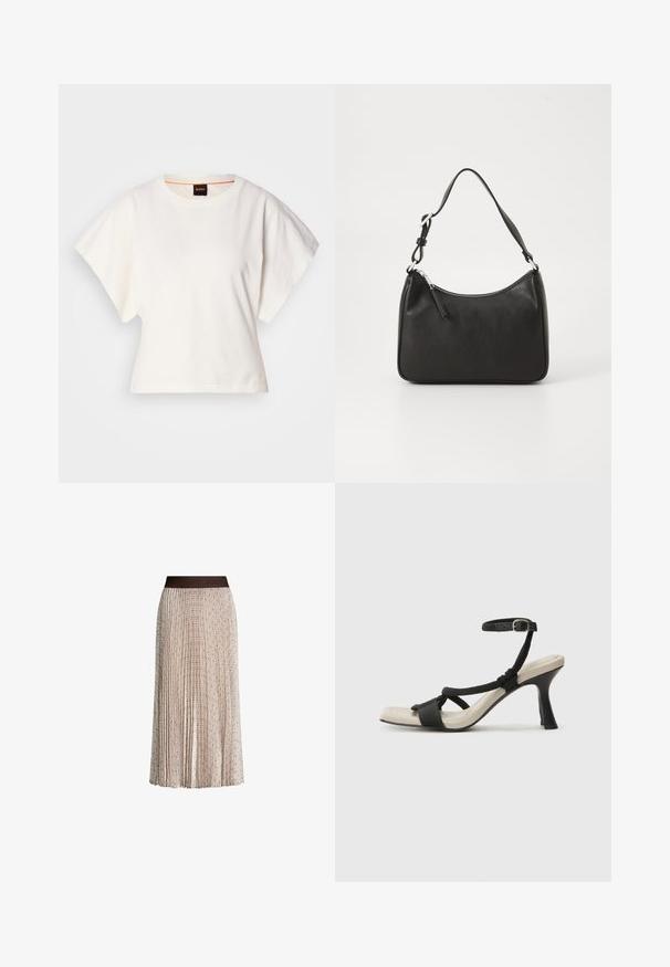 Vit kortärmad T-shirt, korta vida ärmar, mjukt bomullsmaterial, rund halsringning med subtila orange detaljer, minimal design, inga mönster eller grafik.; Plisserad beige midikjol med subtilt geometriskt mönster och mörk midja som har det präglade "JOOP!"-logotypen.; Svart klacksandaler med flätad remdesign, fyrkantig tå och justerbar vristrem. Ljusbeige fotbädd med glansig svart klack.; Svart läderhandväska med en böjd form, en enda rem, dragkedjestängning och subtil märkning på framsidan. Slät yta, minimalistisk design.