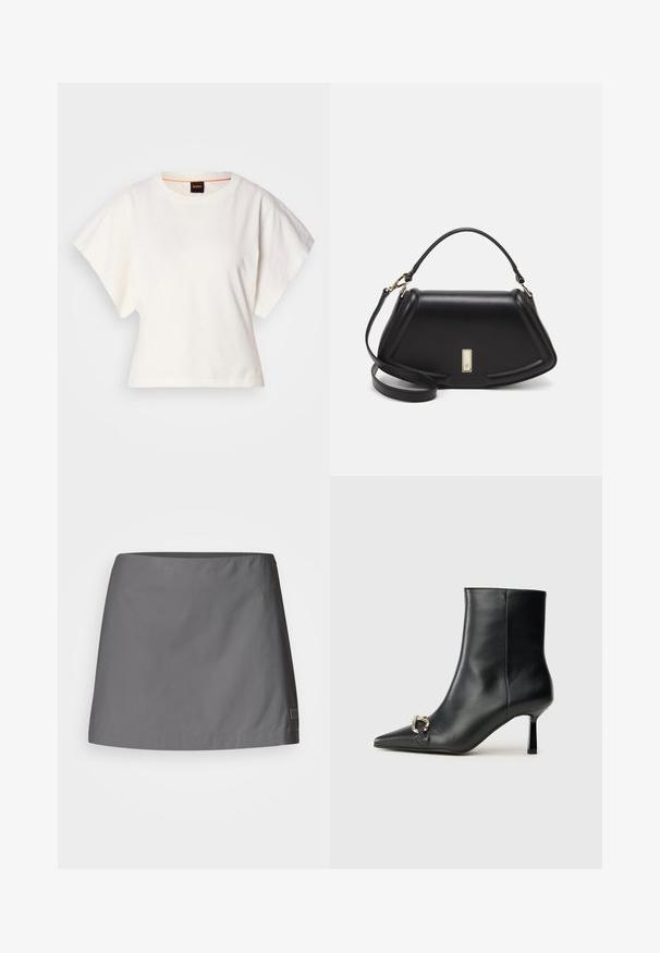 Balts īsais T-krekls, plašas īsas piedurknes, mīksts kokvilnas materiāls, apaļa kakla izgriezums ar delikātu oranžu apdari, minimāls dizains, bez rakstiem vai grafikām.; Pelēka svārku izgatavota no viegla, gluda auduma; tās dizains ir taisns, ar tīru apakšējo malu un smalku zīmola etiķeti sānos.; Melnā ādas potīšu zābaku ar smailu purngalu, šauru vidēja augstuma papēdi un sudraba sprādzi sānos uz vienkrāsaina fona.; Melnas ādas roku soma ar struktūru, ar īsu formu, augšējo rokturi un zelta aksesuāriem. Iekļauta regulējama plecu siksna.