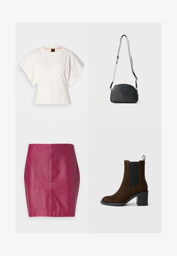 Biely skrátený tričko, krátke široké rukávy, mäkký bavlnený materiál, okrúhly výstrih s jemným oranžovým lemovaním, minimalistický dizajn, bez vzorov alebo grafiky.; Zúžená, vysoko pásová sukňa v živých fuchsiových kožených farbách, s hladkou textúrou a minimálnym švom, zvýrazňujúca elegantný dizajn.; Hnedé semišové členkové topánky s zaoblenou špičkou, bočným elastickým panelom a blokovým opätkom. Obsahujú pútko na zadnej strane pre jednoduché obúvanie.; Čierna kožená crossbody taška s okrúhlym tvarom, dvoma nastaviteľnými popruhmi a decentným logom vpredu. Textúrovaný exteriér, minimalistický dizajn.