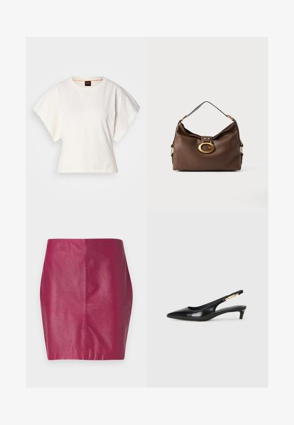Balts īsais T-krekls, plašas īsas piedurknes, mīksts kokvilnas materiāls, apaļa kakla izgriezums ar delikātu oranžu apdari, minimāls dizains, bez rakstiem vai grafikām.; Pielāgota, augsto vidukli akcentējoša svārku izstrādājums no dzīvīga fuksīna ādas, ar gludu tekstūru un minimālām vīlēm, kas uzsver elegantu dizainu.; Melnas ādas slingback zābaki ar smailu purngalu, ar šauru papēdi un zelta krāsas akcentu uz regulējama siksniņas. Gluda tekstūra.; Brūna ādas rokassoma ar teksturētu virsmu, kurai ir zelta toņa aparatūras sprādze un viena izliekta plecu siksna.