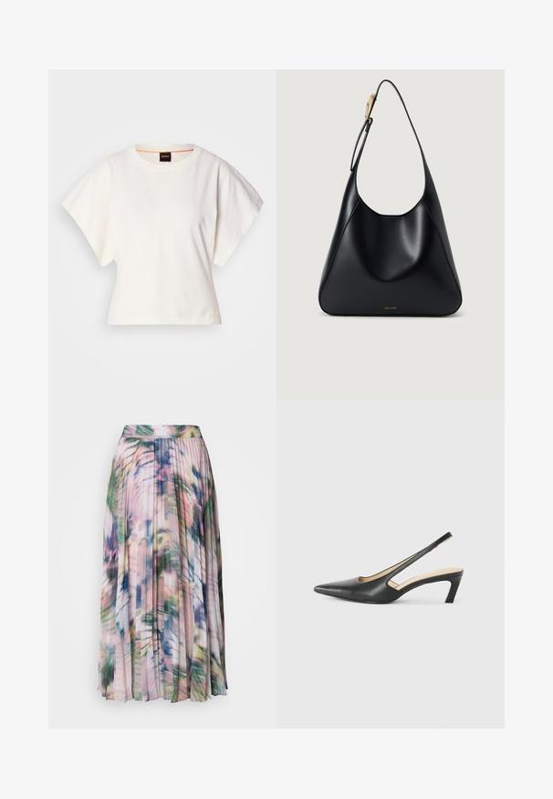 T-shirt bianca cropped, maniche corte e larghe, tessuto di cotone morbido, scollatura rotonda con bordino arancione sottile, design minimale, senza motivi o grafiche.; Gonna midi plissettata in tessuto leggero e trasparente. Presenta un motivo floreale astratto multicolore con sfumature di rosa, verde e blu.; Scarpa slingback nera con punta affilata e tacco basso, realizzata in pelle liscia e con un design a taglio laterale per favorire la traspirabilità.; Borsa a spalla in pelle nera con texture liscia, silhouette curva e dettagli in oro. Presenta il logo del brand impresso nella parte inferiore.
