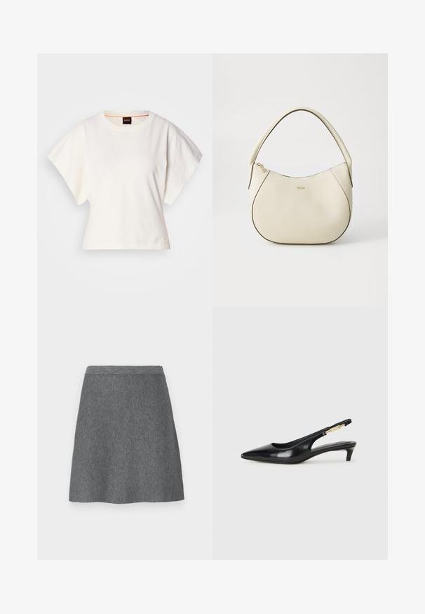 Biely skrátený tričko, krátke široké rukávy, mäkký bavlnený materiál, okrúhly výstrih s jemným oranžovým lemovaním, minimalistický dizajn, bez vzorov alebo grafiky.; Sivá vlnená sukňa s priliehavým pásom, A-čkové siluety a hladkou textúrou. Bez vreciek alebo viditeľných kovových detailov.; Čierne kožené slingback opätky s špicatou špičkou, s úzkym opätkom a zlatým detailom na nastaviteľnom remienku. Hladká textúra.; Krémová kabelka s textúrovaným povrchom, zakriveným tvarom, krátkym uchom a detailom loga v zlatom tóne. Zapínanie na zips na vrchu.