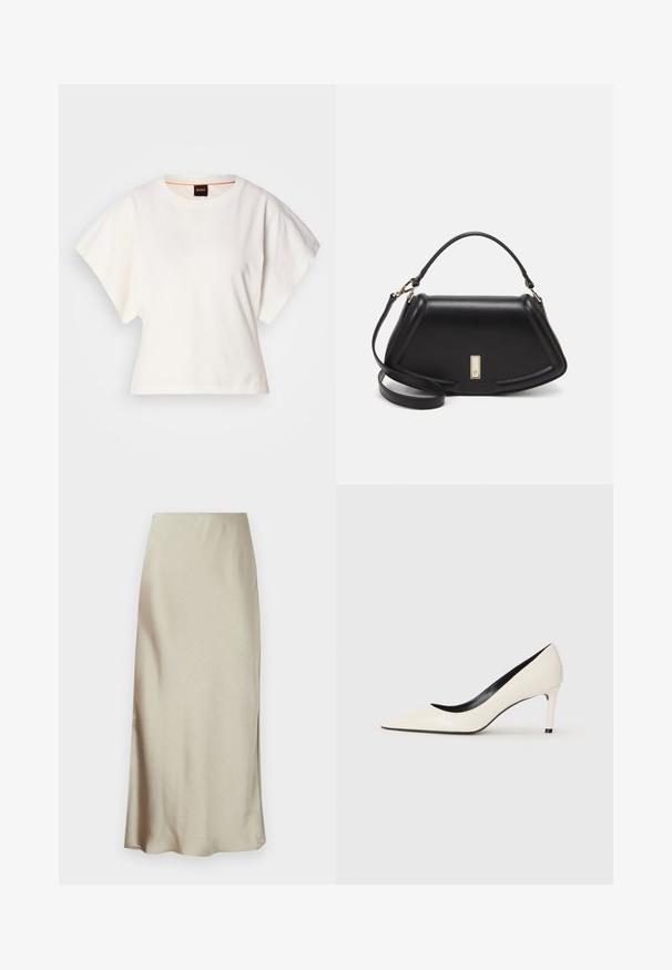 Camiseta blanca recortada, con mangas cortas y anchas, material de algodón suave, cuello redondo con un sutil ribete naranja, diseño minimalista, sin patrones ni gráficos.; Una larga falda de color beige claro hecha de una tela suave presenta un brillo sutil y un dobladillo acampanado, ofreciendo un diseño elegante y minimalista.; Bailarina de charol blanco con tacón alto, punta afilada, tacón delgado y detalles interiores en negro. Textura suave y diseño elegante.; Bolso de mano de cuero negro con un diseño estructurado, que presenta una forma recortada, asa superior y acentos en dorado. Correa de hombro ajustable incluida.