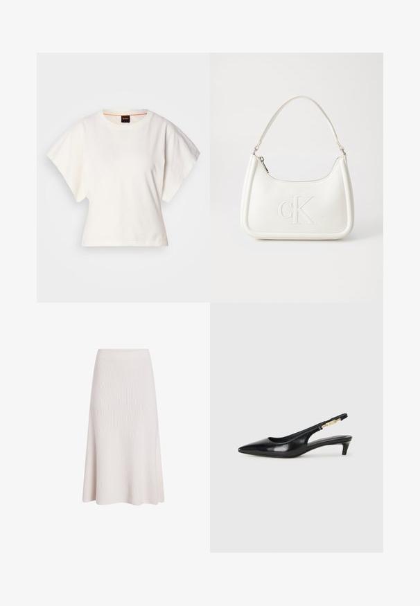Biely skrátený tričko, krátke široké rukávy, mäkký bavlnený materiál, okrúhly výstrih s jemným oranžovým lemovaním, minimalistický dizajn, bez vzorov alebo grafiky.; Pletená sukňa vo forme písmena A, mäkká biela látka, rebrovaná textúra, dĺžka po polovicu lýtok, elastický pás, splývavý dizajn s jemným prehýbaním.; Čierne kožené slingback opätky s špicatou špičkou, s úzkym opätkom a zlatým detailom na nastaviteľnom remienku. Hladká textúra.; Biela kožená kabelka s zakriveným tvarom, na prednej strane s embosovaným logom "CK" a jedným ramenným popruhom. Zipsové zapínanie navrchu.