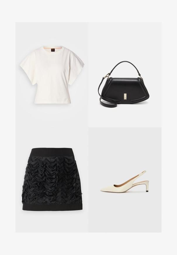 Bela skrajšana majica s kratkimi širokimi rokavi, mehka bombažna tkanina, okrogla ovratnica z diskretnim oranžnim robom, minimalističen dizajn, brez vzorcev ali grafike.; Črna mini krila z nabranim čipkastim sprednjim delom, ki ima gladek črn pas. Nabranine ustvarjajo teksturo in gibanje.; Sandal z visokim prstom iz belega usnja, ki ima nizek peto in izrezljan dizajn z gladko teksturo in minimalnimi poudarki.; Črna usnjena torbica s strukturnim dizajnom, ki ima skrajšano obliko, zgornji ročaj in zlate dodatke. Vključena je nastavljiva ramenska naramnica.