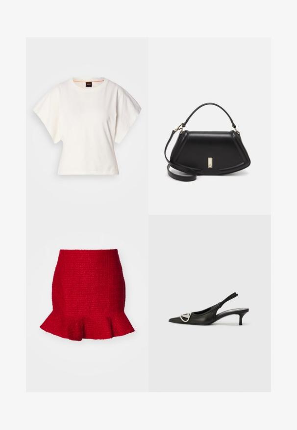 T-shirt bianca cropped, maniche corte e larghe, tessuto di cotone morbido, scollatura rotonda con bordino arancione sottile, design minimale, senza motivi o grafiche.; Mini gonna rossa con texture e orlo arricciato. Realizzata in tessuto intrecciato, presenta una silhouette aderente e un motivo sottile su tutta la superficie.; Scarpa slingback nera in pelle con punta affusolata, dotata di un accento con logo in argento e un tacco piccolo. Texture liscia e design minimalista.; Borsa a mano in pelle nera con un design strutturato, caratterizzata da una forma corta, manico superiore e accessori in metallo dorato. Inclusa tracolla regolabile.