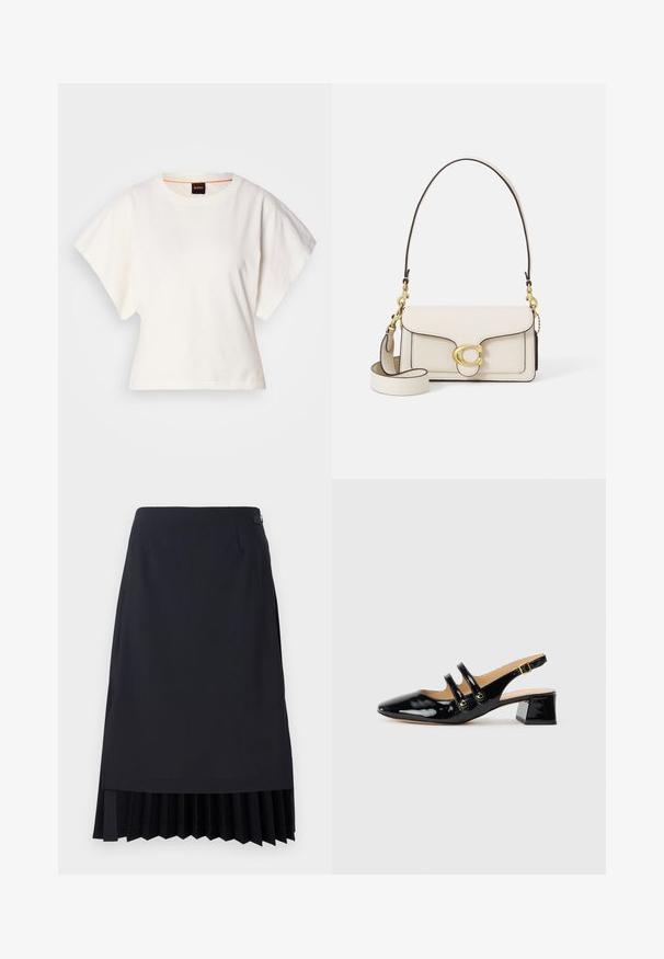 White cropped T-shirt, short wide sleeves, soft cotton material, round neckline with subtle orange trim, minimal design, no patterns or graphics.; Black pencil skirt featuring a pleated hem, tailored fit, and a smooth texture. Includes a discreet side zip and minimalistic detailing.; Black patent leather slingback shoe with pointed toe, two strap detail, gold circular accents, and a low block heel.; Cream leather handbag with a structured design, contrasting black edges, gold hardware, and a detachable strap featuring a signature logo.