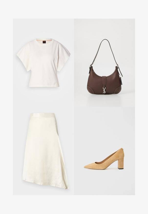 Bela skrajšana majica s kratkimi širokimi rokavi, mehka bombažna tkanina, okrogla ovratnica z diskretnim oranžnim robom, minimalističen dizajn, brez vzorcev ali grafike.; Krema, krilna dolžina krila izdelana iz gladkega satenskega blaga z rahlim sijajem. Ima A-linijski dizajn in nabran pas za boljšo prileganje.; Bež sueded visok petni čevlji s koničastim nosom in debelim blok peto. Material ima mehak teksturo z gladko obdelavo.; Rjava usnjena torbica za roke z zaobljeno obliko, srebrnimi dodatki in okrasnim šivanjem. Ima naramnico in zaponko za zapiranje.