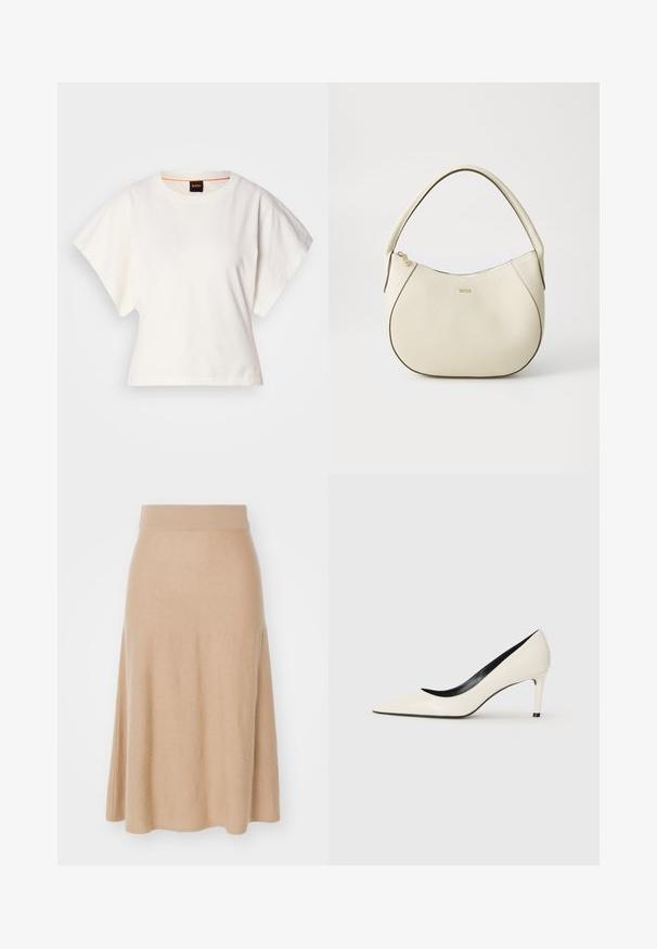 T-shirt branco cropped, mangas curtas e largas, material de algodão suave, decote redondo com um discreto acabamento laranja, design minimalista, sem padrões ou gráficos.; Saia de malha evasê em bege, com uma ampla cintura elástica e textura suave. Comprimento até ao joelho com um design simples e sem adornos.; Sapatilha alta em couro sintético branco com bico fino, salto esbelto e detalhes interiores em preto. Textura suave e design elegante.; Saco de mão em tom creme com um acabamento texturizado, forma curva, alça curta e detalhe do logótipo em tom dourado. Fecho com zíper na parte superior.