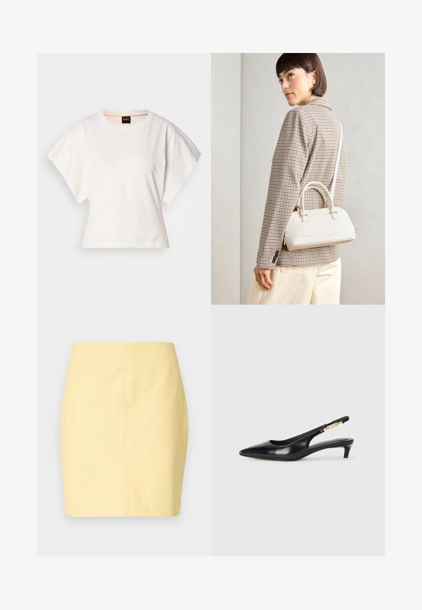 Balts īsais T-krekls, plašas īsas piedurknes, mīksts kokvilnas materiāls, apaļa kakla izgriezums ar delikātu oranžu apdari, minimāls dizains, bez rakstiem vai grafikām.; Dzeltena mini svārku ar gludu tekstūru un šauru piegriezumu, kas izceļas ar tīru dizainu un minimālām šuvju detaļām.; Melnas ādas slingback zābaki ar smailu purngalu, ar šauru papēdi un zelta krāsas akcentu uz regulējama siksniņas. Gluda tekstūra.; Balta strukturēta roku soma ar īsām rokturiem un plecu siksnu, ar zelta aparatūras akcentiem un strukturētu materiālu, izstādīta uz pelēka fona.
