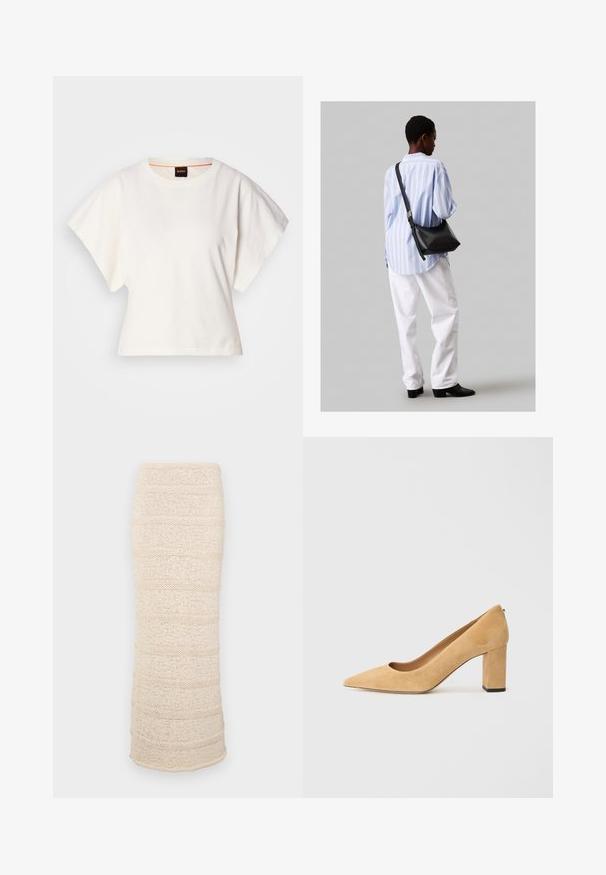 Tricou alb scurt, cu mâneci scurte și largi, din bumbac moale, cu decolteu rotund și un finisaj subtil portocaliu, design minimalist, fără modele sau grafice.; Fustă midi tricotată în bej deschis, cu dungi texturate orizontale. Siluetă ajustată, material moale și o margine ușor deschisă în partea de jos.; Pantofii cu toc înalt din suede bej au vârful ascuțit și un toc gros. Materialul are o textură moale și o finisare netedă.; Geantă de umăr din piele neagră cu o textură moale, formă triunghiulară și curea ajustabilă, asortată cu o bluză cu dungi albastre deschise și pantaloni albi.