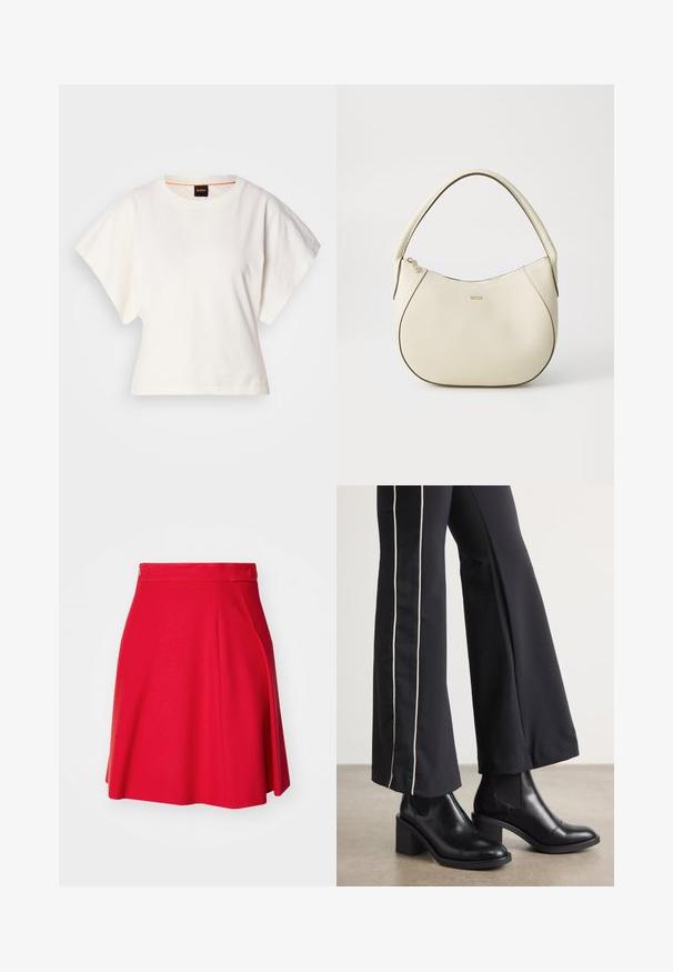 Bijeli skraćeni T-shirt, široke kratke rukave, mekani pamučni materijal, okrugli izrez s suptilnim narančastim detaljem, minimalistički dizajn, bez uzoraka ili grafika.; Crvena suknja na klizaku od lagane tkanine, s ukrašenim strukom, suptilnim plisama i proširenim rubom, pružajući glatku teksturu tijekom nošenja.; Crne kožne gležnjače s blok petom, s elastičnim bočnim panelima. Uparene s crnim hlačama koje imaju bijelu bočnu prugu.; Torbica boje krema s teksturiranim završetkom, zakrivljenog oblika, kratkom ručkom i logotipom u zlatnoj boji. Zatvarač na vrhu.