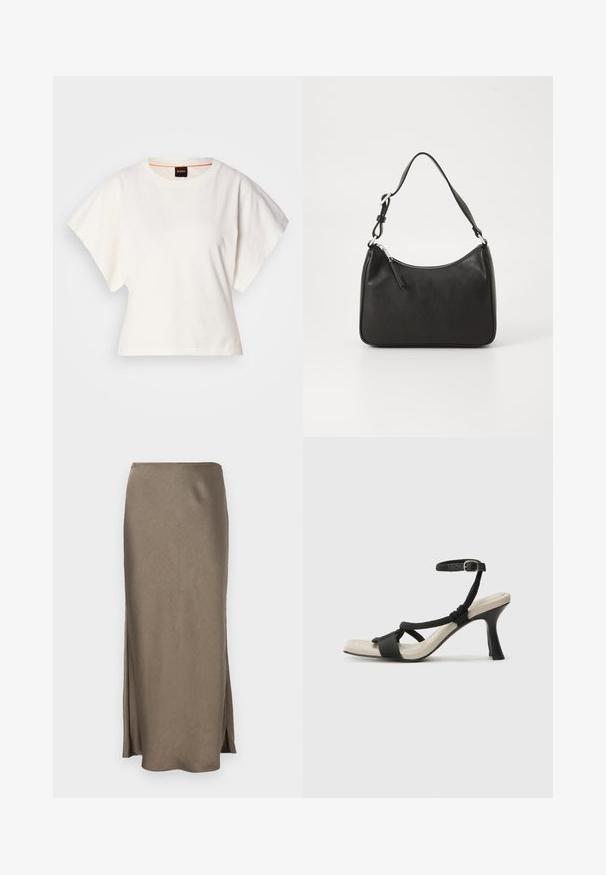 Valge lühikeste laiadte varrukatega lühike T-särk, pehme puuvillane materjal, ümar kaelus kergelt oranži ääristusega, minimaalne disain, ilma mustrite ja graafikateta.; Pikk, jalgaistuv seelik tuhm taupe värviga, valmistatud siledast kangast, külgslitsidega liikumisvabaduse jaoks. Puhtad, lihtsad jooned.; Mustad musta kontsaga sandaal, millel on punutud rihma disain, ruudukujuline varvas ja reguleeritav pahkluu rihm. Heleda beeži värvi jalapadi ja läikiv must konts.; Must musta käekott, millel on kumer kuju, üks rihm, lukuga sulgemine ja peen brändimine esiküljel. Sile tekstuur, minimalistlik disain.