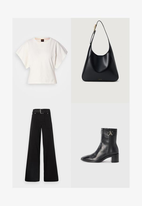 Fehér, rövid, bő ujjú, crop szabású póló, puha pamut anyagból, kerek nyakkivágással, finom narancssárga díszítéssel, minimalista dizájn, minta vagy grafika nélkül.; Fekete, bő szárú nadrág, pamutból készült, magas derékkal, nagy oldalsó zsebekkel és ezüst színű hardverelemekkel ellátott övvel.; Fekete bőr bokacsizma hegyes orral, tömbsarkúval és fémes logós pánttal. Simává zárt textúrájú, minimalista dizájn.; Fekete bőr válltáska sima textúrával, ívelt szilüettel és arany színű fém díszítéssel. Az alján bemart márkalogó található.