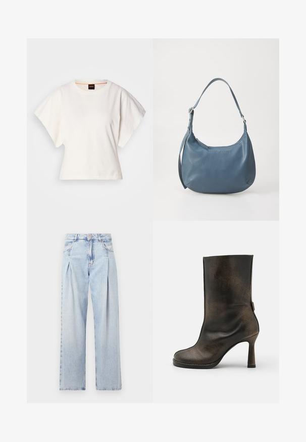 Tricou alb scurt, cu mâneci scurte și largi, din bumbac moale, cu decolteu rotund și un finisaj subtil portocaliu, design minimalist, fără modele sau grafice.; Jeans din denim albastru deschis cu talie înaltă, croială evazată, două buzunare laterale și un design pliat. Textură moale cu un finisaj decolorat.; Samsøe Samsøe FRANKA ANKLE - Botine cu toc - washed black olive; Geantă de umăr din piele albastră, cu o formă rotunjită, bretea unică, închidere cu fermoar și numele brandului embosat pe față. Textură netedă.