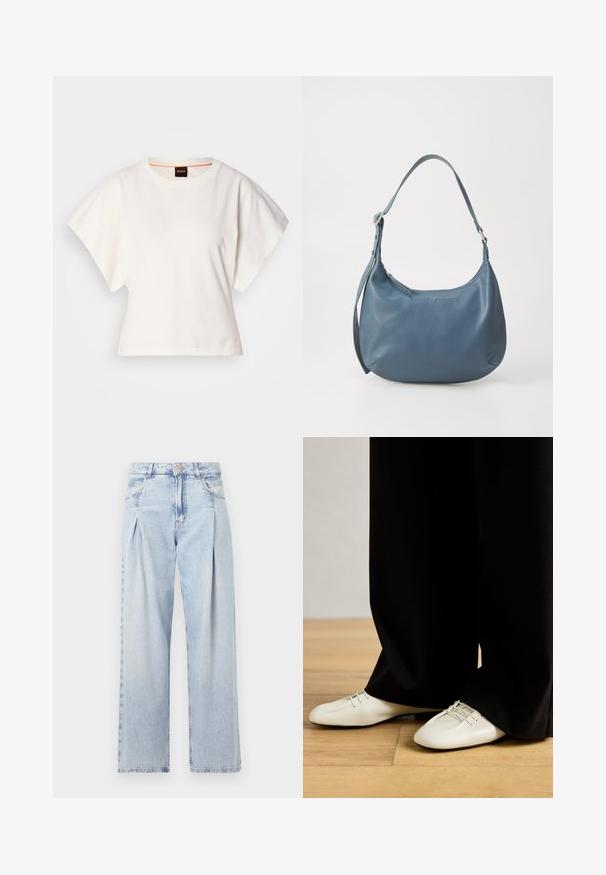 White cropped T-shirt, short wide sleeves, soft cotton material, round neckline with subtle orange trim, minimal design, no patterns or graphics.; Light blue denim jeans with a high waist, wide-leg cut, two side pockets, and pleated design feature. Soft texture with a faded finish.; Beige leather shoes with a sleek, rounded toe and decorative laces, paired with loose-fitting black trousers, on a wooden floor.; Blue leather handbag with a rounded shape, single shoulder strap, zip closure, and embossed brand name on the front. Smooth texture.