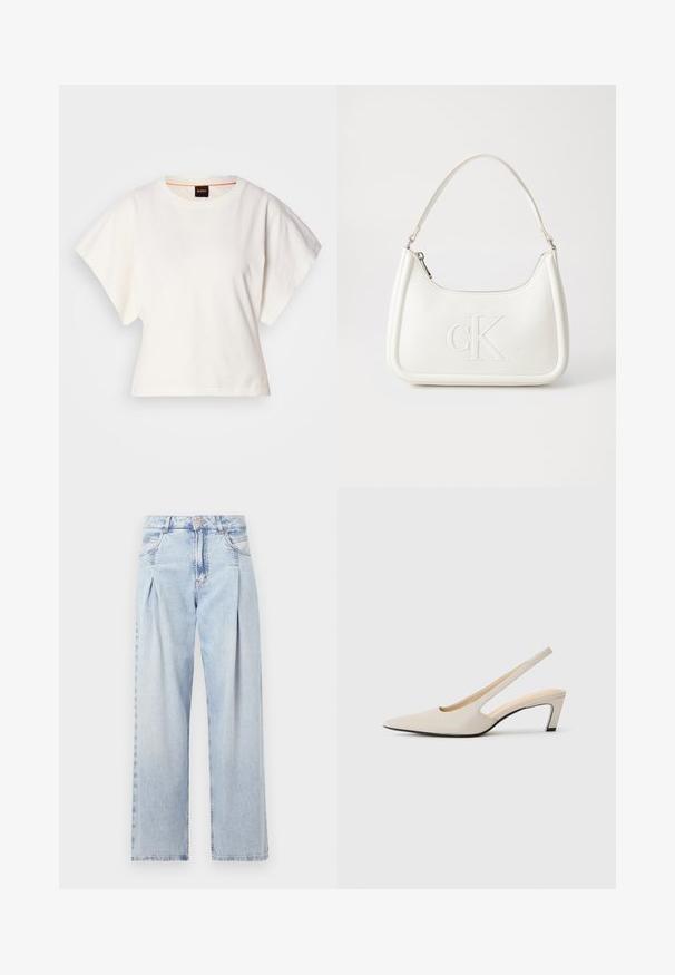 Balts īsais T-krekls, plašas īsas piedurknes, mīksts kokvilnas materiāls, apaļa kakla izgriezums ar delikātu oranžu apdari, minimāls dizains, bez rakstiem vai grafikām.; Gaiši zilas džinsu bikses ar augstu jostasvietu, plats kāju griezumu, divām sānu kabatām un krokotā dizaina akcentiem. Mīksta tekstūra ar izdilušu apdari.; Bēša ādas zābaks ar norādītu purngalu un atvērtu aizmuguri, ar izgriezumu dizainu, 5 cm blokveida papēdi un gludu tekstūru. Melna zole akcentiem.; Balta ādas rokassoma ar noapaļotu formu, uz kuras priekšpuses ir izgriezts "CK" logo un viena plecu siksna. Augšā aizverama ar rāvējslēdzēju.