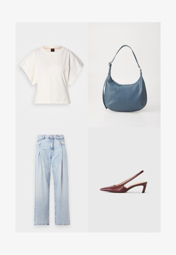 Camiseta blanca recortada, con mangas cortas y anchas, material de algodón suave, cuello redondo con un sutil ribete naranja, diseño minimalista, sin patrones ni gráficos.; Jeans de mezclilla azul claros con cintura alta, corte de pierna ancha, dos bolsillos laterales y un diseño plisado. Textura suave con un acabado deslavado.; Zapatos de tacón burgundy con parte trasera descubierta, punta afilada, detalles recortados en los laterales y tacón en bloque de altura media. Acabado en piel suave.; Bolso de piel azul con forma redondeada, correa de hombro única, cierre de cremallera y nombre de la marca en relieve en la parte frontal. Textura suave.