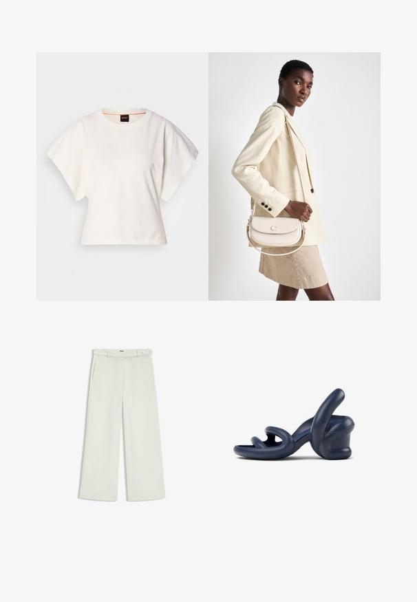 Biała, krótka koszulka z szerokimi rękawami, wykonana z miękkiej bawełny, okrągły dekolt z delikatnym pomarańczowym wykończeniem, minimalistyczny design, bez wzorów i grafik.; Spodnie szerokie w jasnym kremowym kolorze, z bocznymi kieszeniami, płaskim przodem i pojedynczym zapięciem na guzik w talii. Gładka faktura.; Granatowe sandały na wysokim obcasie wykonane z gładkiego materiału syntetycznego; posiadają krzywe paski oraz unikalny rzeźbiony kształt obcasa.; COACH EMMY mleczny