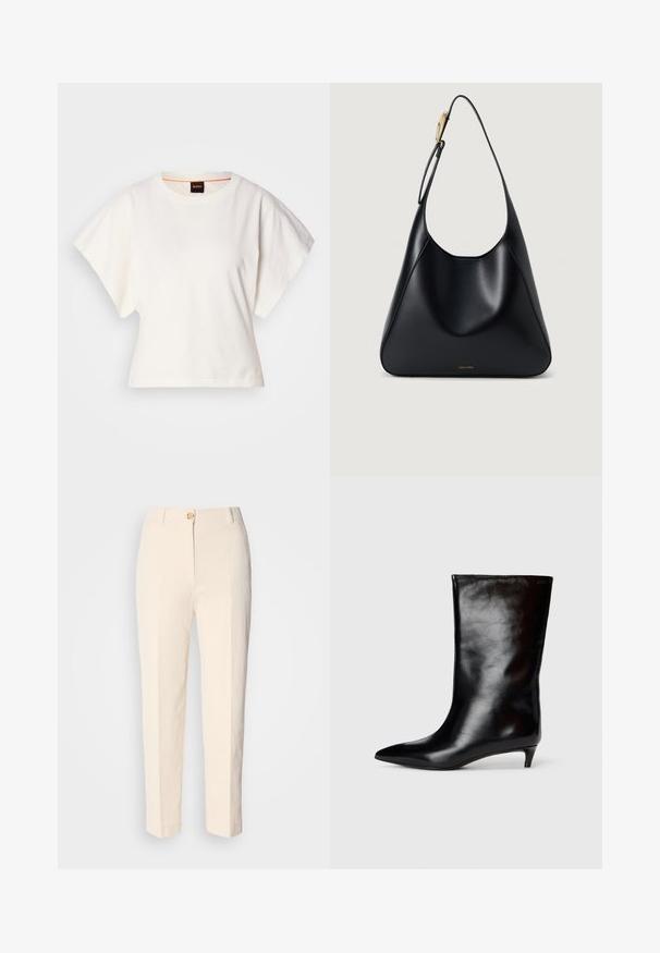 T-shirt branco cropped, mangas curtas e largas, material de algodão suave, decote redondo com um discreto acabamento laranja, design minimalista, sem padrões ou gráficos.; Calças de cintura alta em tom creme, feitas de um tecido texturizado. Apresenta um fecho frontal com botão e pernas afuniladas.; Bota de pele preta lisa até ao meio da panturrilha, com bico pontiagudo e pequeno salto baixo, apresentada contra um fundo branco liso.; Bolsa de ombro em couro preto com uma textura suave, silhueta curvada e um detalhe em metal dourado. Apresenta logótipo da marca em relevo na base.