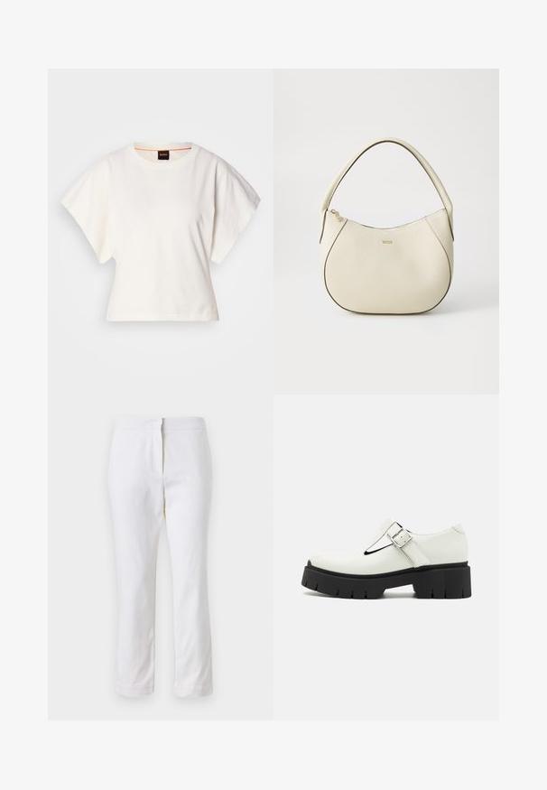 Fehér, rövid, bő ujjú, crop szabású póló, puha pamut anyagból, kerek nyakkivágással, finom narancssárga díszítéssel, minimalista dizájn, minta vagy grafika nélkül.; Fehér pamut nadrág egyenes lábformával, közepes derékkal, látható fémrészek vagy minták nélkül. Sima textúra az egész anyagon.; Fehér lakkbőr cipő T-sávos dizájnal, ezüst csattal, vastag fekete gumibetéttel és texturált részletekkel a sarkon és a talpon.; Krém színű kézi táska texturált felülettel, ívelt formával, rövid fogantyúval és arany színű logó részlettel. Cipzáros záródás a tetején.