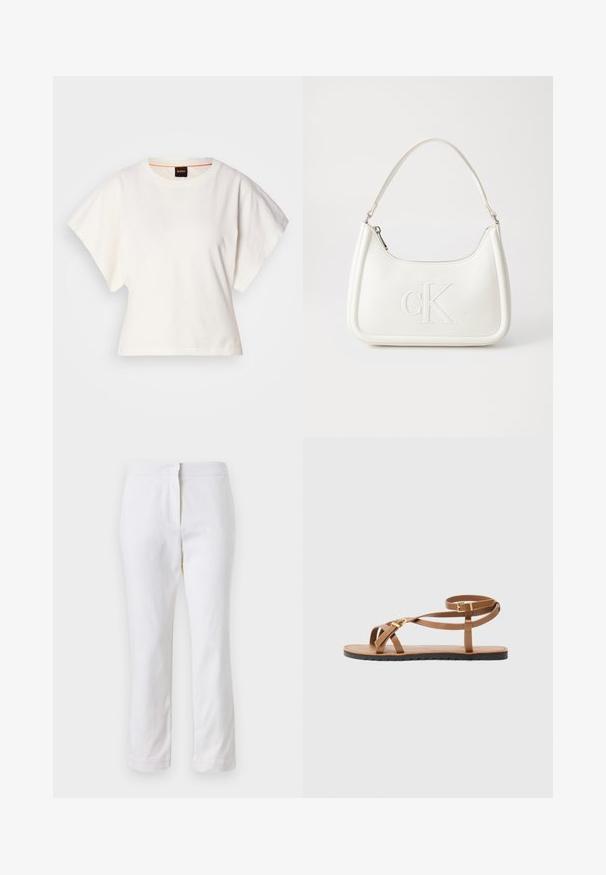 Biely skrátený tričko, krátke široké rukávy, mäkký bavlnený materiál, okrúhly výstrih s jemným oranžovým lemovaním, minimalistický dizajn, bez vzorov alebo grafiky.; Biele bavlnené nohavice so striedmym strihom, s pásom strednej výšky a bez viditeľných kovových prvkov alebo vzorov. Hladká textúra po celom obvode.; Hnedé kožené sandále s tenkým pásikový dizajnom, s kovovou sponou v zlatej farbe a plochou čiernou podrážkou so zúbkovaným okrajom.; Biela kožená kabelka s zakriveným tvarom, na prednej strane s embosovaným logom "CK" a jedným ramenným popruhom. Zipsové zapínanie navrchu.