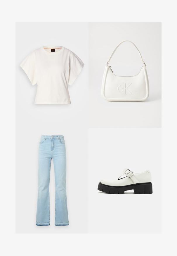 Biely skrátený tričko, krátke široké rukávy, mäkký bavlnený materiál, okrúhly výstrih s jemným oranžovým lemovaním, minimalistický dizajn, bez vzorov alebo grafiky.; Svetlomodré rozšírené džínsy z denimovej látky, s vysokým pásom, prednými vreckami a surovým lemom na manžetách pre ležérny vzhľad.; Biele lakované topánky s dizajnom T-bar, striebornou sponou, hrubou čiernou gumovou podrážkou a textúrovanými akcentmi na päte a podrážke.; Biela kožená kabelka s zakriveným tvarom, na prednej strane s embosovaným logom "CK" a jedným ramenným popruhom. Zipsové zapínanie navrchu.