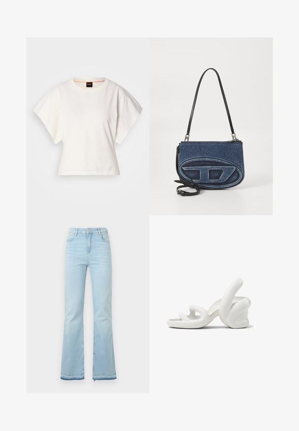 White cropped T-shirt, short wide sleeves, soft cotton material, round neckline with subtle orange trim, minimal design, no patterns or graphics.; Light blue flared jeans made of denim, featuring a high waist, front pockets, and a raw hem at the cuffs for a casual look.; White sculptural high-heeled sandals featuring a wavy design, smooth texture, and a chunky heel shaped like a hand.; Denim crossbody bag with a black leather strap, oval logo design on the front, and a zip closure at the top. Textured finish.