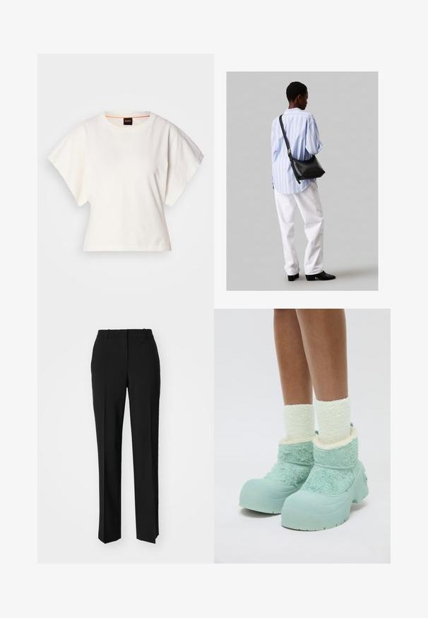 Baltas trumpas marškinėliai, plačios trumpomis rankovėmis, minkšta medvilnė, apvali kaklo iškirptė su subtiliu oranžiniu apvadu, minimalus dizainas, be raštų ar grafikų.; Juodi pritaikyti kelnių modeliai su tiesiomis kojomis, pasižyminčios lygiomis tekstūromis ir ryškiomis klostėmis priekyje. Nėra matomų detalių.; Kojos, apsirengusios storomis baltomis pūkuotomis kojinėmis ir masyviomis šviesiai mėlynomis žieminėmis avalynėmis su tekstūruota medžiaga ir guminiais padais, ant balto fono.; Juodas odinis petinis krepšys su minkšta tekstūra, trikampiu pavidalu ir reguliuojama juosta, derinamas su šviesiai mėlynu dryžuotu marškinėliu ir baltais džinsais.