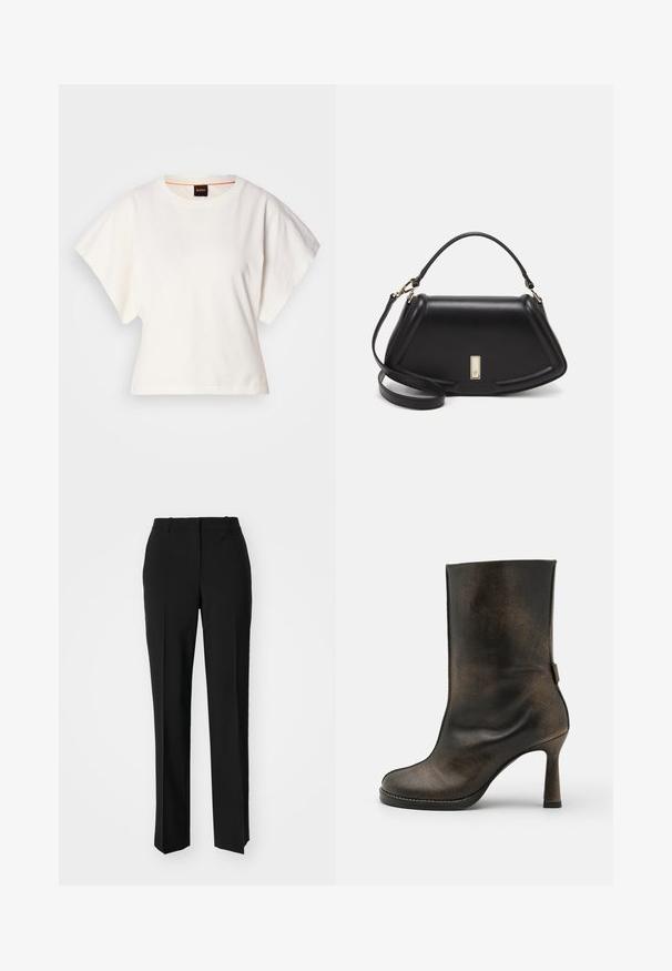 Balts īsais T-krekls, plašas īsas piedurknes, mīksts kokvilnas materiāls, apaļa kakla izgriezums ar delikātu oranžu apdari, minimāls dizains, bez rakstiem vai grafikām.; Melnas pielāgotas bikses ar taisnu kāju dizainu, kas raksturojas ar gludu faktūru un asiem krokām pa priekšu. Nav redzamu metāla detaļu.; Samsøe Samsøe FRANKA ANKLE - Augstpapēžu puszābaki - washed black olive; Melnas ādas roku soma ar struktūru, ar īsu formu, augšējo rokturi un zelta aksesuāriem. Iekļauta regulējama plecu siksna.