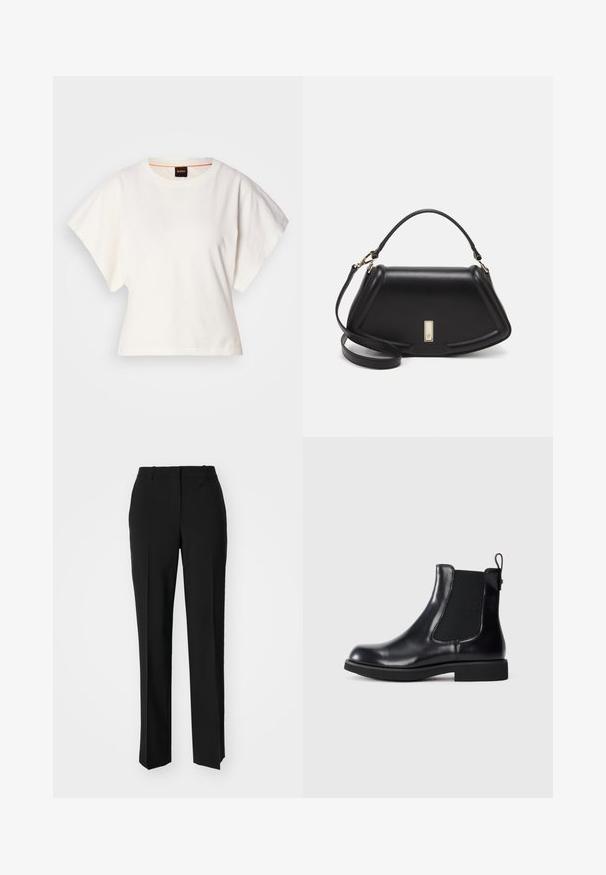 Hvit cropped T-skjorte, korte vide ermer, myk bomullsmateriale, rund halslinning med subtilt oransje kantbånd, minimalistisk design, uten mønstre eller grafikk.; Sorte skreddersydde bukser med rett silhuett, med en glatt tekstur og klare pressede bretter foran. Ingen synlig maskinvare.; Sorte lær Chelsea-støvler med elastisk sidepanel, bærehank ved hælen, lav blokk såle, vist mot hvit bakgrunn.; Sort lærveske med en strukturert design, som har en avkortet form, topphåndtak og detaljer i gull. Justerbar skulderstropp inkludert.