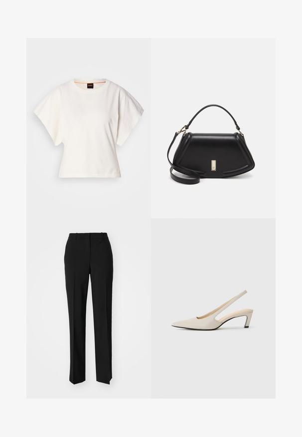 White cropped T-shirt, short wide sleeves, soft cotton material, round neckline with subtle orange trim, minimal design, no patterns or graphics.; Black tailored trousers with a straight-leg design, featuring a smooth texture and crisp creases along the front. No visible hardware.; Pointed-toe slingback shoe in beige leather, featuring a cutout design, 5 cm block heel, and a smooth texture. Black sole accents.; Black leather handbag with a structured design, featuring a cropped shape, top handle, and gold hardware accent. Adjustable shoulder strap included.