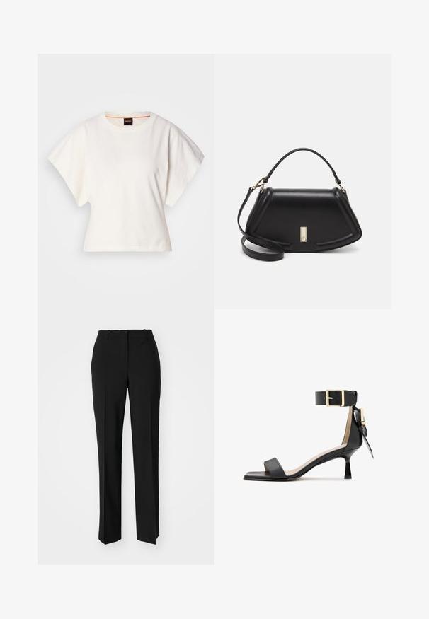 T-shirt blanc cintré, manches courtes et larges, en coton doux, décolleté rond avec une discrète bordure orange, design minimaliste, sans motifs ni graphiques.; Pantalon noir ajusté avec une coupe droite, présentant une texture lisse et des plis nets sur le devant. Aucune quincaillerie visible.; Sandales à talons en cuir noir avec un bout carré, une sangle de cheville dotée d'une boucle dorée et un talon fin. Texture lisse, design minimaliste.; Sac à main en cuir noir avec un design structuré, featuring une forme cropped, une poignée supérieure et des accents en matériel doré. Bandoulière réglable incluse.