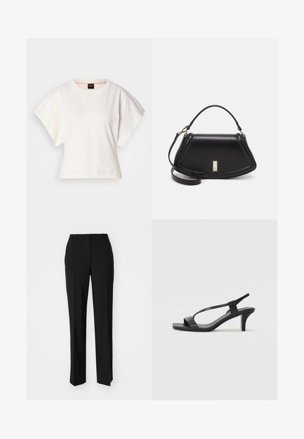 White cropped T-shirt, short wide sleeves, soft cotton material, round neckline with subtle orange trim, minimal design, no patterns or graphics.; Black tailored trousers with a straight-leg design, featuring a smooth texture and crisp creases along the front. No visible hardware.; Black heeled sandals with a slender strap design, square toe, and a mid-height block heel. Made from smooth leather with a matte finish.; Black leather handbag with a structured design, featuring a cropped shape, top handle, and gold hardware accent. Adjustable shoulder strap included.