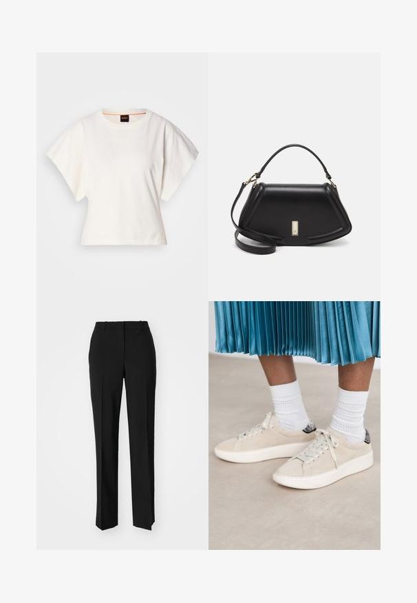 Weißes, kurzes T-Shirt, kurze weite Ärmel, weicher Baumwollstoff, runder Ausschnitt mit subtilen orangefarbenen Akzenten, minimales Design, keine Muster oder Grafiken.; Schwarze, taillierte Hose mit geradem Bein, aus einem glatten Stoff und mit klaren Falten an der Vorderseite. Keine sichtbare Hardware.; Beige Wildleder-Sneaker mit einer weißen Gummisohle und Schnürdesign. Akzentuiert mit einem strukturierten schwarzen Rückenelement. Tragen Sie sie mit weißen gerippten Socken.; Schwarze Lederhandtasche mit einem strukturierten Design, das eine verkürzte Form, einen oberen Griff und goldfarbene Hardware-Details aufweist. Verstellbarer Schulterriemen ist enthalten.