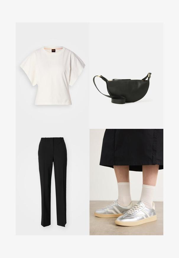 Hvit cropped T-skjorte, korte vide ermer, myk bomullsmateriale, rund halslinning med subtilt oransje kantbånd, minimalistisk design, uten mønstre eller grafikk.; Sorte skreddersydde bukser med rett silhuett, med en glatt tekstur og klare pressede bretter foran. Ingen synlig maskinvare.; Sølv syntetiske sneakers med hvite striper, kremfarget såle og strukturert overflate; kombinert med lyse ribbestrikkede sokker og et svart skjørt.; Svart skinn crossover-veske med halvmåneform, teksturert overflate, gullglidelås og flat stropp. Kompakt design som passer til det viktigste.; Gullfargede dråpeøreringer med en sirkulær hvit sten og en tåreformet hvit perle med en avsmalnende gulldetalj.