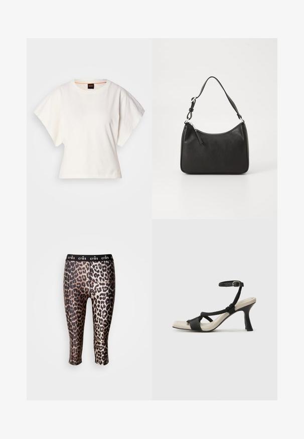 Vit kortärmad T-shirt, korta vida ärmar, mjukt bomullsmaterial, rund halsringning med subtila orange detaljer, minimal design, inga mönster eller grafik.; Avkortade leggings gjorda av elastiskt tyg med svart och guld leopardmönster samt en svart elastisk midjeband.; Svart klacksandaler med flätad remdesign, fyrkantig tå och justerbar vristrem. Ljusbeige fotbädd med glansig svart klack.; Svart läderhandväska med en böjd form, en enda rem, dragkedjestängning och subtil märkning på framsidan. Slät yta, minimalistisk design.