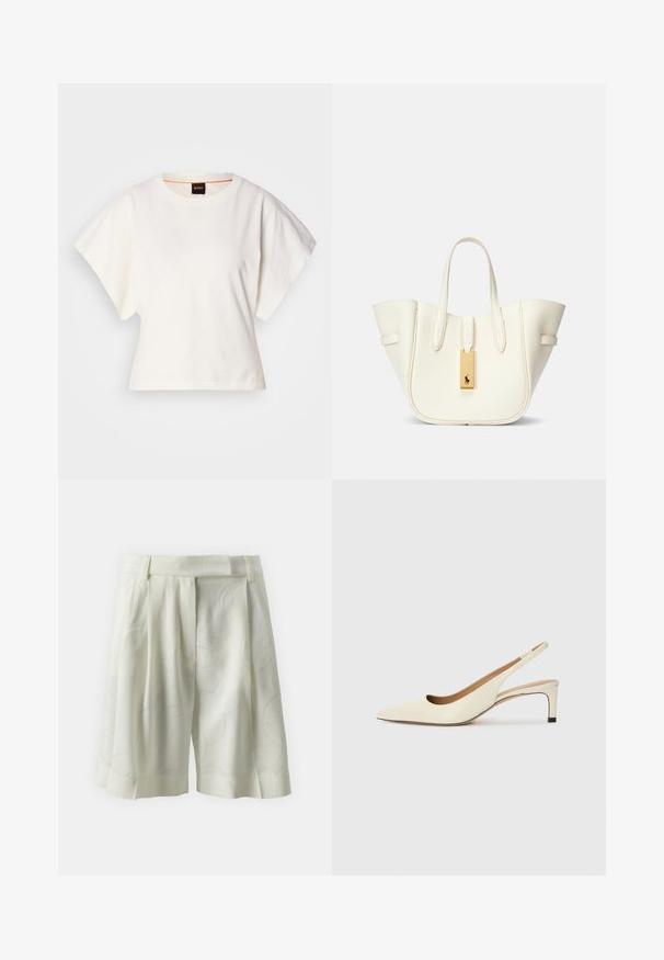 Biała, krótka koszulka z szerokimi rękawami, wykonana z miękkiej bawełny, okrągły dekolt z delikatnym pomarańczowym wykończeniem, minimalistyczny design, bez wzorów i grafik.; Plisowane szorty w jasnym kremowym kolorze z delikatnym abstrakcyjnym wzorem. Posiadają płaski pas i luźny krój, idealne na ciepłe dni.; Sandały na niskim obcasie w kolorze kości słoniowej, z ostrym noskiem i wycięciami, o gładkiej teksturze i minimalnych akcentach.; Biała skórzana torba tote o wyraźnym kształcie, z widocznymi przeszyciami, złotą metką i podwójnymi uchwytami. Teksturowana powierzchnia z bocznymi kieszeniami.