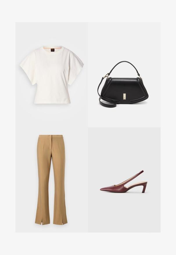 T-shirt bianca cropped, maniche corte e larghe, tessuto di cotone morbido, scollatura rotonda con bordino arancione sottile, design minimale, senza motivi o grafiche.; Pantaloni beige a palazzo con fessure frontali, realizzati in tessuto liscio. Presentano una vita piatta e dettagli in piega netti che scendono lungo le gambe.; Tacchi slingback bordeaux con punta affusolata, dettagli a intaglio sui lati e tacco blocco di altezza intermedia. Finitura in pelle liscia.; Borsa a mano in pelle nera con un design strutturato, caratterizzata da una forma corta, manico superiore e accessori in metallo dorato. Inclusa tracolla regolabile.