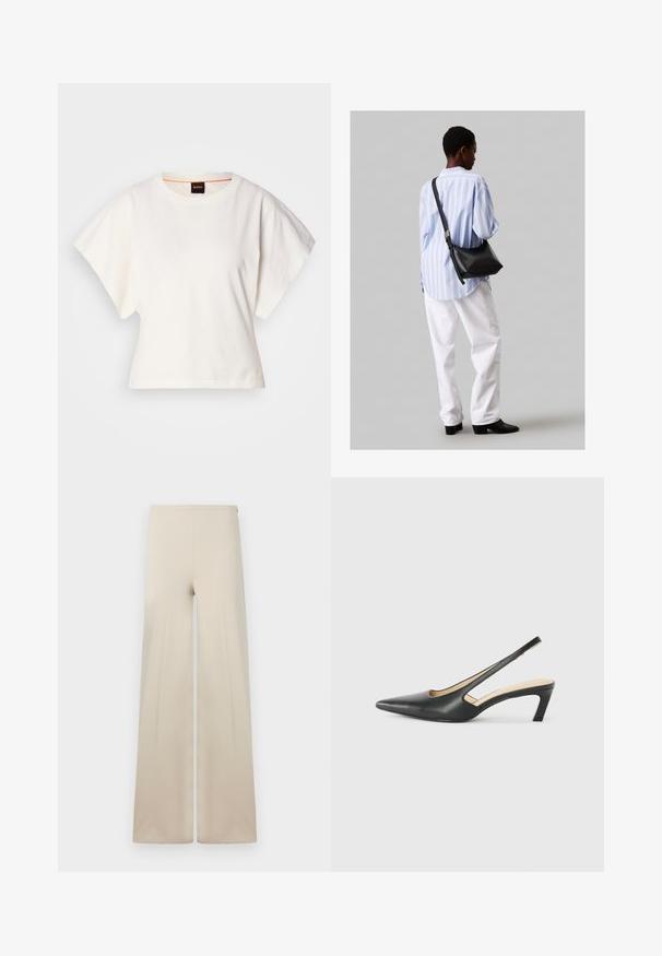 Bílý zkrácený T-shirt, krátké široké rukávy, měkký bavlněný materiál, kulatý výstřih s jemným oranžovým lemováním, minimalistický design, bez vzorů nebo grafik.; Béžové kalhoty se širokými nohavicemi vyrobené z měkké látky s hladkou texturou. Mají vysoký elastický pas pro pohodlí a čistý, minimalistický design.; Černý špičatý slingback s nízkým podpatkem, vyrobený z hladké kůže, s výřezem na boku pro lepší prodyšnost.; Černá kožená kabelka přes rameno s jemnou texturou, trojúhelníkovým tvarem a nastavitelným popruhem, v kombinaci se světle modrou pruhovanou košilí a bílými kalhotami.