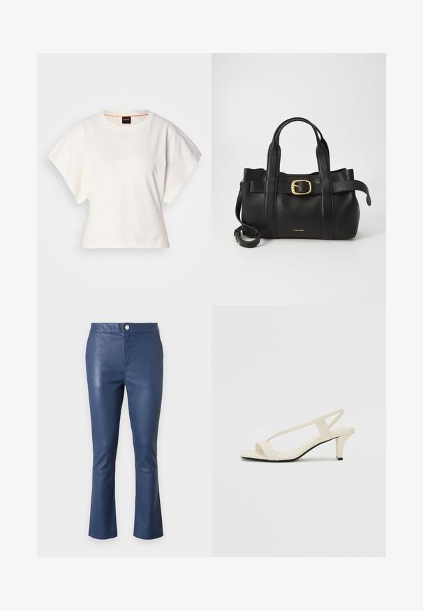 Bela skrajšana majica s kratkimi širokimi rokavi, mehka bombažna tkanina, okrogla ovratnica z diskretnim oranžnim robom, minimalističen dizajn, brez vzorcev ali grafike.; Temno modre usnjene hlače s slim fit krojem, razširjenimi robovi, sprednjim gumbom za zapiranje in gladko teksturo. Vidne šive ob šivih.; Bež sandale z blok peto, tankimi trakovi in kvadratnim prstom. Gladek material z minimalnim okrasjem, zasnovan za enostavno nošenje.; Črna usnjena torba s strukturirano zasnovo, dvojni zgornji ročaji, zlato-tonirni zaponka kot dodatek in vtisnjeni logotip blagovne znamke spredaj.