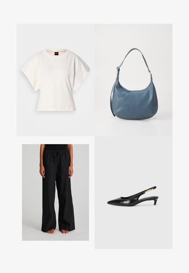 White cropped T-shirt, short wide sleeves, soft cotton material, round neckline with subtle orange trim, minimal design, no patterns or graphics.; Loose-fitting black pants made of lightweight fabric. Features an elastic waistband with drawstring and a straight, wide leg design.; Black leather slingback heels with a pointed toe, featuring a slim heel and a gold-tone accent on the adjustable strap. Smooth texture.; Blue leather handbag with a rounded shape, single shoulder strap, zip closure, and embossed brand name on the front. Smooth texture.