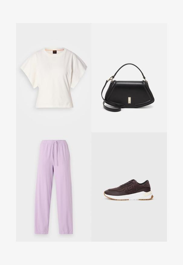 Bela skrajšana majica s kratkimi širokimi rokavi, mehka bombažna tkanina, okrogla ovratnica z diskretnim oranžnim robom, minimalističen dizajn, brez vzorcev ali grafike.; Svijetloplave trenerke od mekog materijala s elastičnim pojasom i podesivim vezicama; dizajn s suženim nogavicama.; Temno rjav športni copat s črnim obrobo, vtisnjenim logotipom na strani, belim debelim podplatom in podplatom barve gume na enostavni ozadju.; Črna usnjena torbica s strukturnim dizajnom, ki ima skrajšano obliko, zgornji ročaj in zlate dodatke. Vključena je nastavljiva ramenska naramnica.