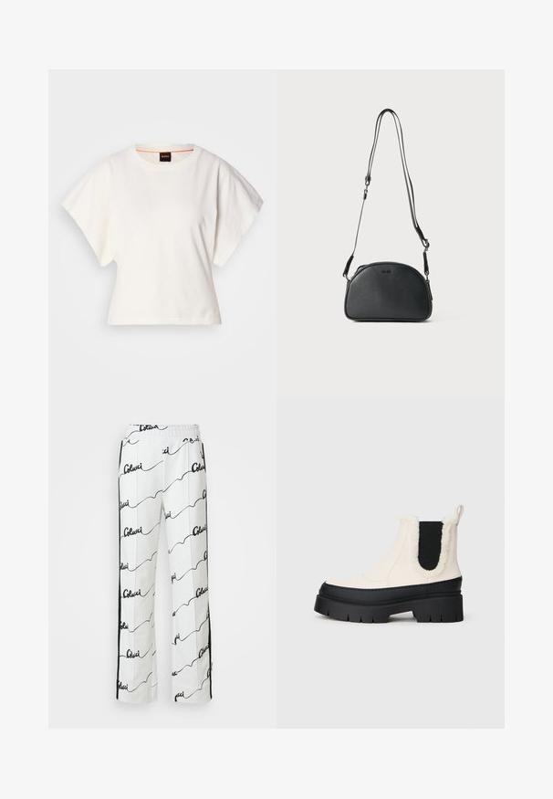 White cropped T-shirt, short wide sleeves, soft cotton material, round neckline with subtle orange trim, minimal design, no patterns or graphics.; White cotton trousers featuring a repeating black script pattern. Straight-leg design with an elastic waistband and side stripes.; Chunky platform ankle boots with a white upper, black rubber sole, and contrasting black elastic side panels. Faux fur trim at the top edge.; Black leather crossbody bag with a rounded shape, two adjustable straps, and a subtle logo on the front. Textured exterior, minimalistic design.