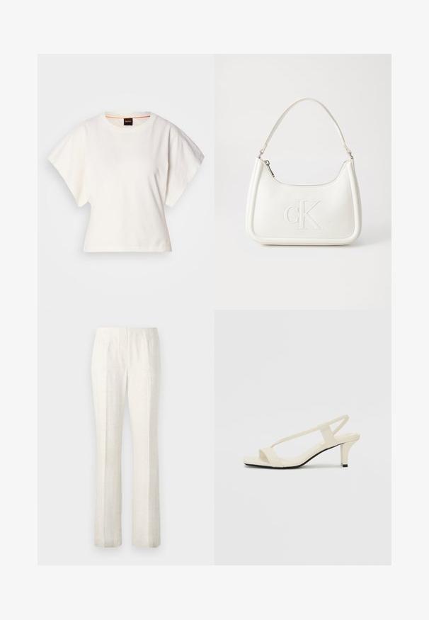 Tricou alb scurt, cu mâneci scurte și largi, din bumbac moale, cu decolteu rotund și un finisaj subtil portocaliu, design minimalist, fără modele sau grafice.; Pantaloni beige deschis, fabricați dintr-un material texturat. Prezintă un design ajustat, cu plieri frontale și o siluetă dreaptă a piciorului.; Sandale bej cu toc bloc, cu bretele subțiri și vârf pătrat. Material neted cu detalii minime, concepute pentru a fi ușor de purtat.; Geantă de umăr din piele albă cu formă curbată, având un logo "CK" embosat pe partea din față și un singur braț de umăr. Închidere cu fermoar în partea de sus.