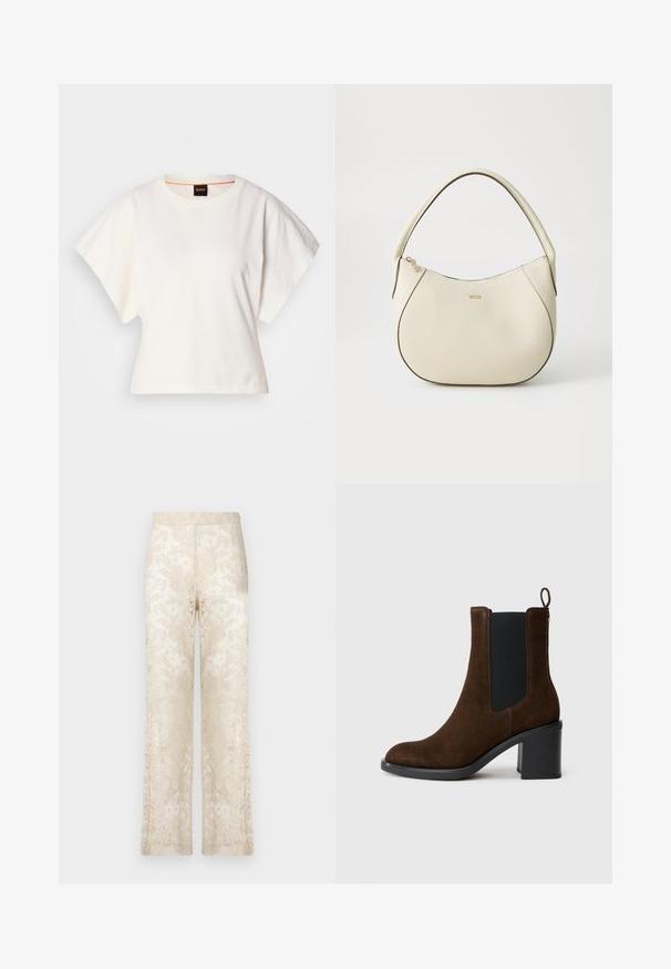 Baltas trumpas marškinėliai, plačios trumpomis rankovėmis, minkšta medvilnė, apvali kaklo iškirptė su subtiliu oranžiniu apvadu, minimalus dizainas, be raštų ar grafikų.; Kremi spalvos nėrinių plačiakelnės kelnės, puošiančios sudėtingi gėlių raštai ir tekstūruotas paviršius. Elastingas juosmuo suteikia patogumo.; Rudos zomšo auliniai batai su apvali nosimi, šoniniu elastiniu intarpu ir storu kulnu. Yra patogus užtrauktukas gale, leidžiantis lengvai apsiauti.; Grietos spalvos rankinė su tekstūruotu paviršiumi, kreivos formos, trumpa rankena ir auksinės spalvos logotipo detalė. Užtrauktuko uždarymas viršuje.