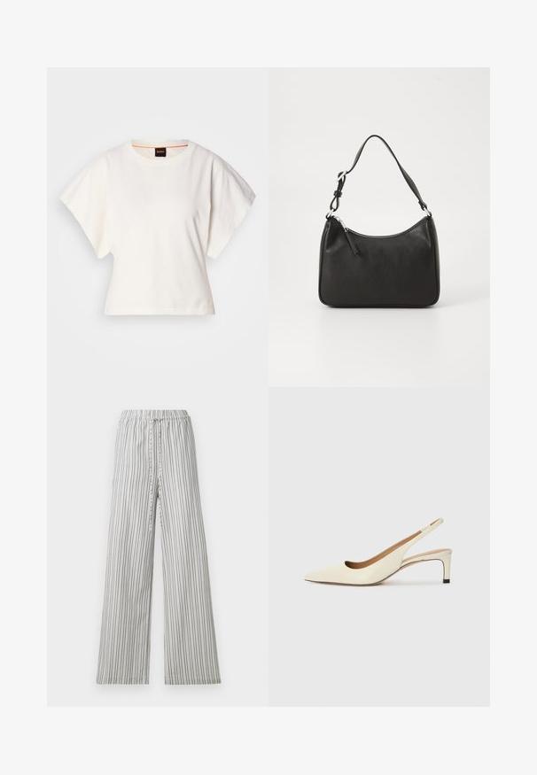 Valge lühikeste laiadte varrukatega lühike T-särk, pehme puuvillane materjal, ümar kaelus kergelt oranži ääristusega, minimaalne disain, ilma mustrite ja graafikateta.; Kergeid, laiadest jalgadest pükse elastse vöökohtadega. Vertikaalsed hallid ja valged triibud, pehme kangas ja lõdvestunud lõige. Ilma taskute ja metalldetailideta.; Kitsaste ninaga slingback-kingad heledast nahast, madala kontsaga ja lõikega disainiga, millel on sile tekstuur ja minimaalne aksessuaaride kasutus.; Must musta käekott, millel on kumer kuju, üks rihm, lukuga sulgemine ja peen brändimine esiküljel. Sile tekstuur, minimalistlik disain.