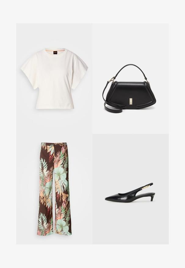 T-shirt blanc cintré, manches courtes et larges, en coton doux, décolleté rond avec une discrète bordure orange, design minimaliste, sans motifs ni graphiques.; Pantalons larges en tissu marron foncé avec un motif floral et feuillu éclatant dans des teintes de vert, rouge et pêche. Matière douce et légère.; Talons hauts en cuir noir avec un bout pointu, dotés d'un talon fin et d'un accent en ton or sur la lanière réglable. Texture lisse.; Sac à main en cuir noir avec un design structuré, featuring une forme cropped, une poignée supérieure et des accents en matériel doré. Bandoulière réglable incluse.